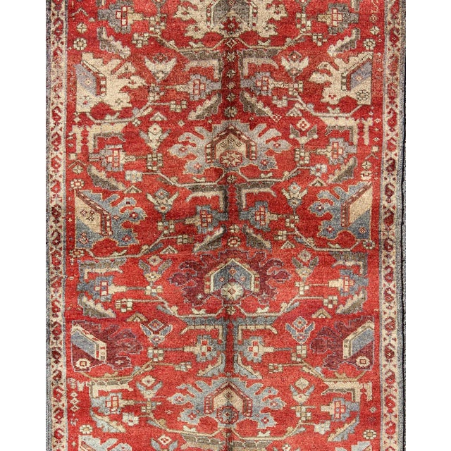 Tribal Vintage Turkish Oushak Gallery Runner With Red Field and Blue Accents 4'6 X 10'10 For Sale - Image 3 of 7