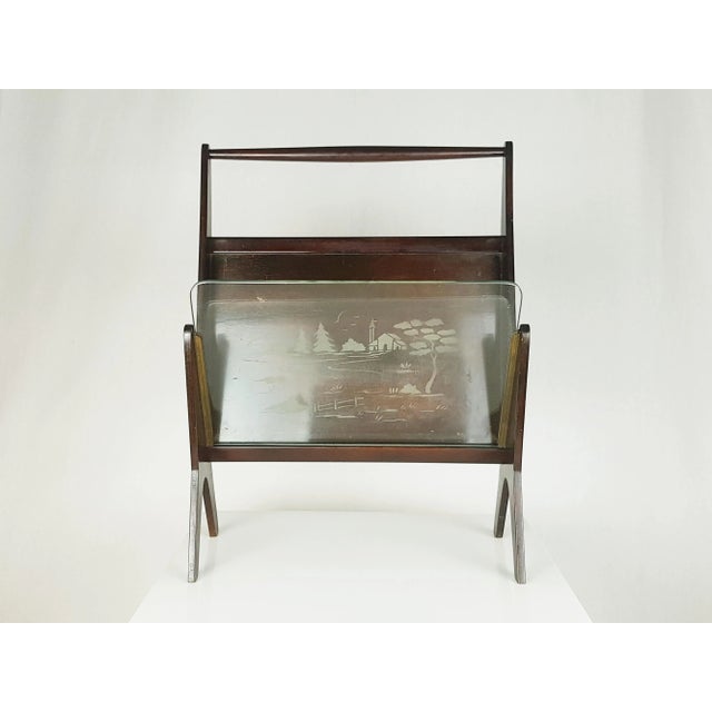 Stained plywood structure with brass & grinded glass Mid Century modern magazine rack. Original Vintage condition: wear...