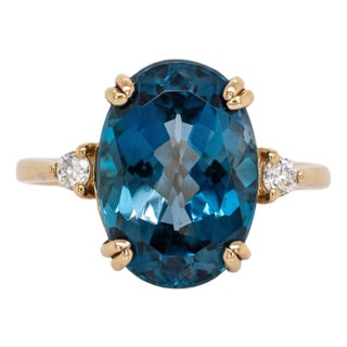 7.55cts London Blue Topaz Ring With Diamond Accents in 14k Solid Gold | 14x10mm, Size 6.75 For Sale