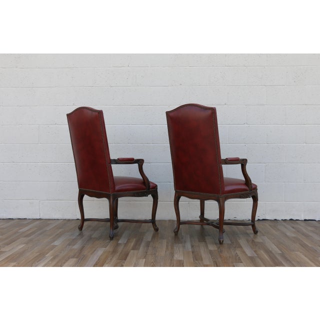 Wood Pair of Vintage English Regency Style Leather Armchairs | Carved Wood Frame, Nailhead Trim For Sale - Image 7 of 18