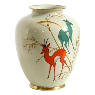 Light Blue Porcelain Vase with Hand-Painted Wildlife Motifs from PMR Bavaria Jaeger & Co., 1940s For Sale