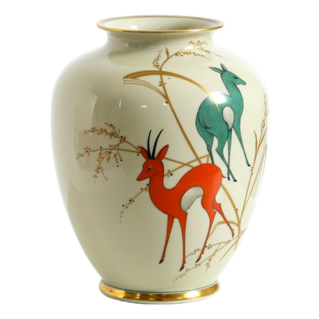 Light Blue Porcelain Vase with Hand-Painted Wildlife Motifs from PMR Bavaria Jaeger & Co., 1940s For Sale