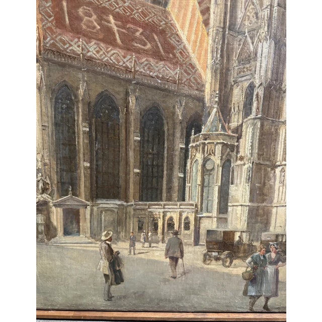 1900 - 1909 Early 1900s Antique Edvard Weie St. Stephen’s Gothic Cathedral Oil Painting Vienna Cityscape, Framed For Sale - Image 5 of 11