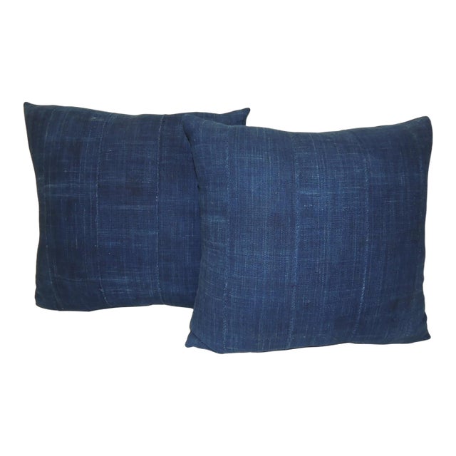 Indigo Blue African Strip-Woven Square Decorative Pillows - A Pair For Sale