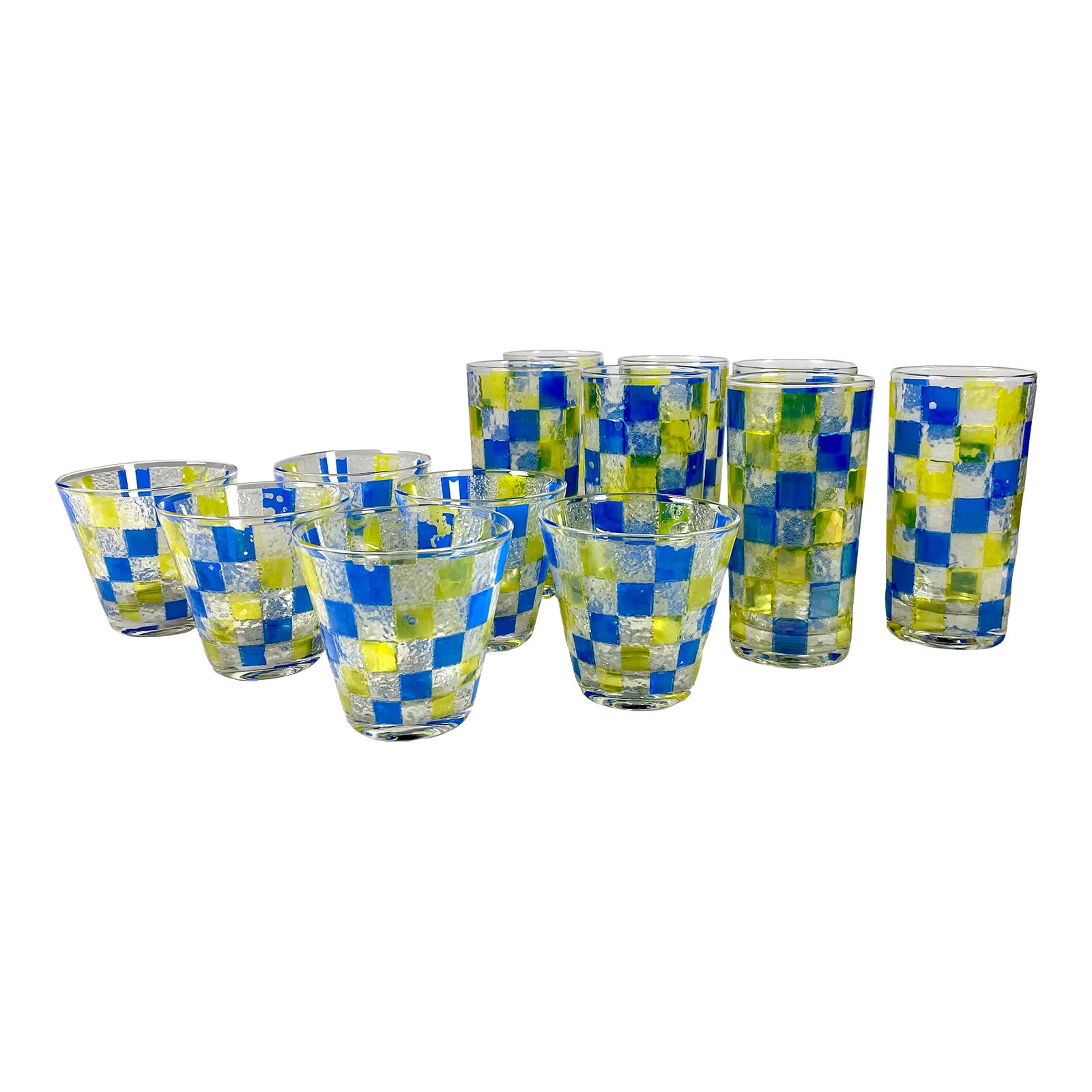 MidCentury Modern Checker Blue& Yellow Fused Glass Cocktail Glasses Set 13 Pieces Chairish