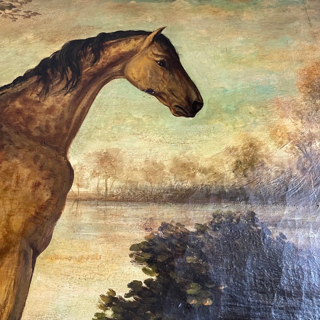 Horses in a Lake Landscape, 1800s, Oil on Canvas For Sale - Image 8 of 11
