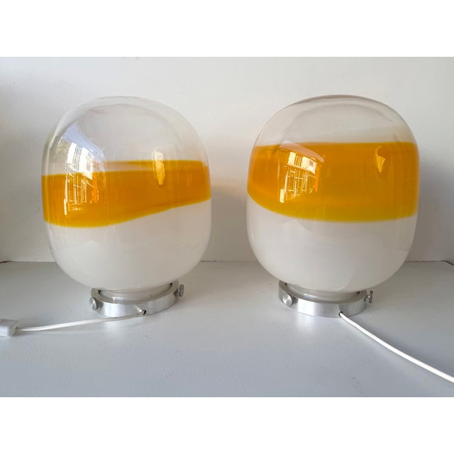 Pair of Murano Glass Orange White Smoke Saturn Lamps. Italy, 1970s For Sale - Image 4 of 11