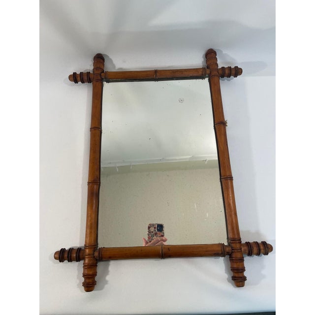 Rustic European Early 1900's Antique French Faux Bamboo Turned Wood Wall Mirror For Sale - Image 3 of 16