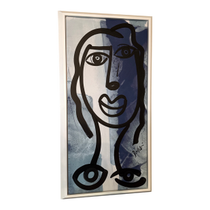 1970s Peter Keil Original Black & White Abstract Portrait Painting, Framed