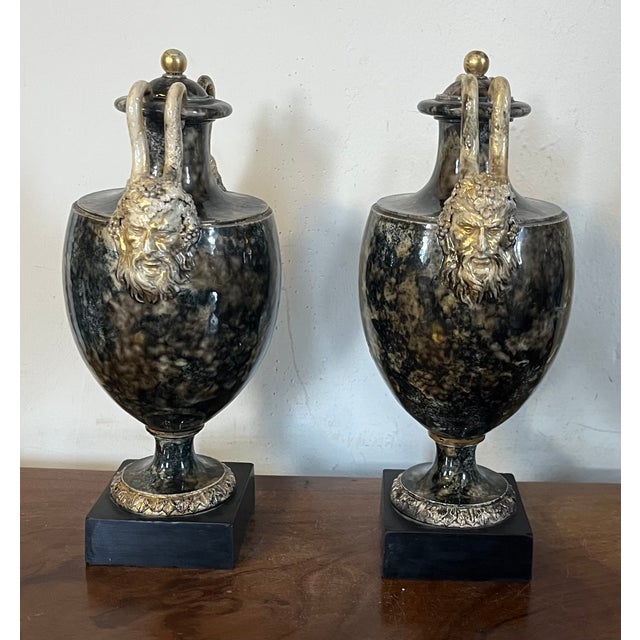 Antique 18th Century George III Wedgwood & Bentley Creamware Urns or Mantel Vases With Faux Stone Glaze & Satyr Mask Handles Circa 1780 - A Pair For Sale - Image 9 of 18