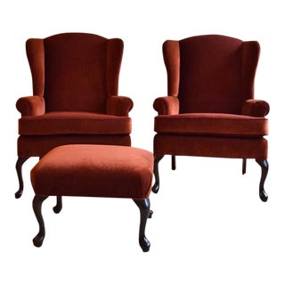 Vintage Velvet Wingback Chairs With Ottoman- 3 Pieces For Sale