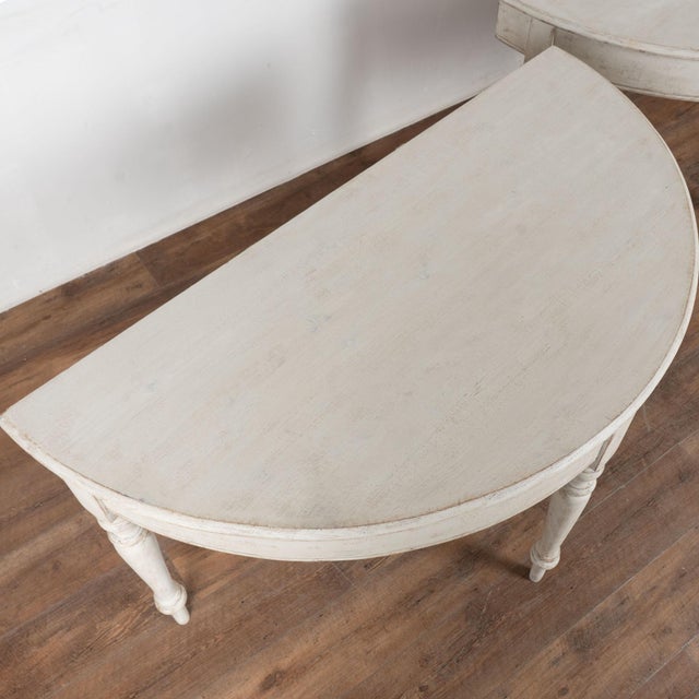 Gustavian (Swedish) Pair, 19th Century Swedish White Painted Large Demi Lune Consoles Side Tables For Sale - Image 3 of 14