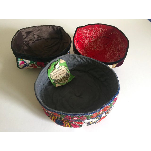 Vintage Uzbek Afghani Turkmen Hand Embroidered Tribal Hats Collection - 3pc For Sale - Image 9 of 10
