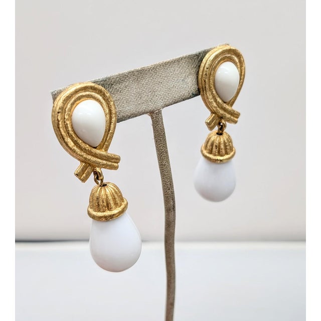 1980s Vintage 1980s Signed Givenchy Goldtone White Drop Clip Earrings-2 Pieces For Sale - Image 5 of 7