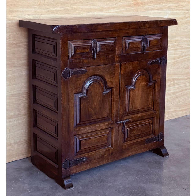 19th Spanish Baroque Carved Walnut Narrow Two Drawer Credenza or Buffet For Sale - Image 16 of 18