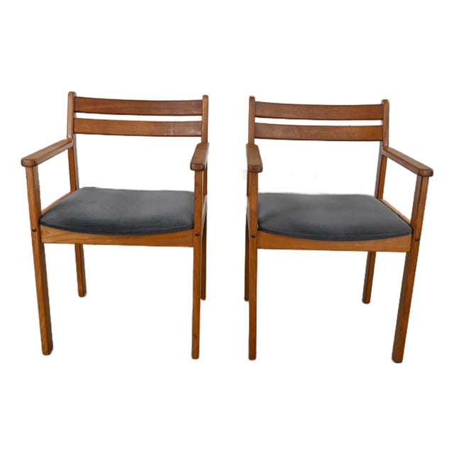 Scandinavian Modern Teak Armchairs With Brushed Charcoal Fabric Seat Cushions, a Pair For Sale