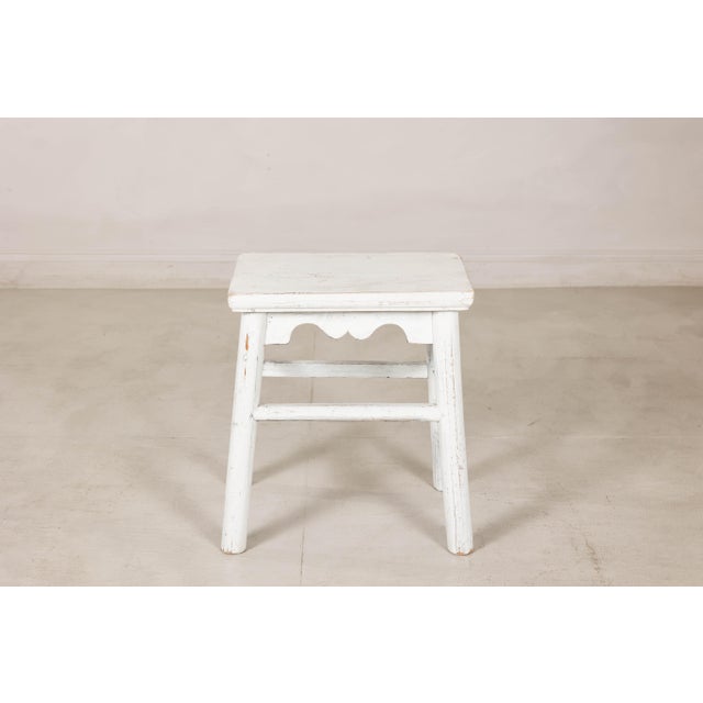 Vintage Chinese Rustic Country Style White Painted Wooden Stool For Sale - Image 10 of 16