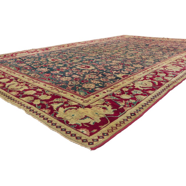 76839 Antique Indian Agra Rug, 08’10 x 14’08. The Botanical Court: An Early 20th Century Indian Agra Masterpiece of...