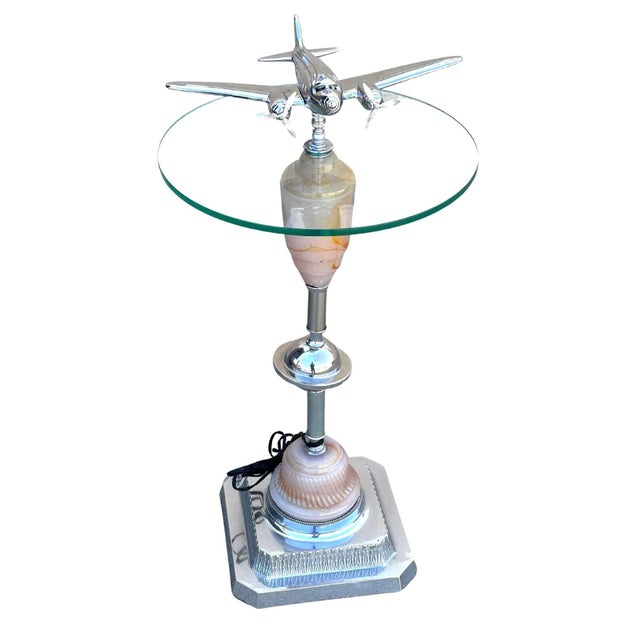 Art Deco 1930s Light Up Chrome Airplane Streamline Art Deco Drink Side Glass Top Table W/ Art Glass Base For Sale - Image 3 of 9