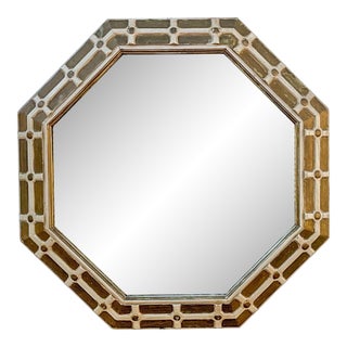 Hollywood Regency Italian Fretwork Chippendale Style Carved Giltwood Octagonal / Round Mirror For Sale