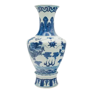 1940s Art Deco Large Vintage White and Blue Vase, Chinese, Ceramic, Decor, Flower Baluster