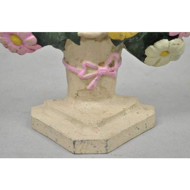 Antique Victorian Cast Iron Figural Floral Bouquet Basket Pink Painted Door Stop For Sale - Image 4 of 10