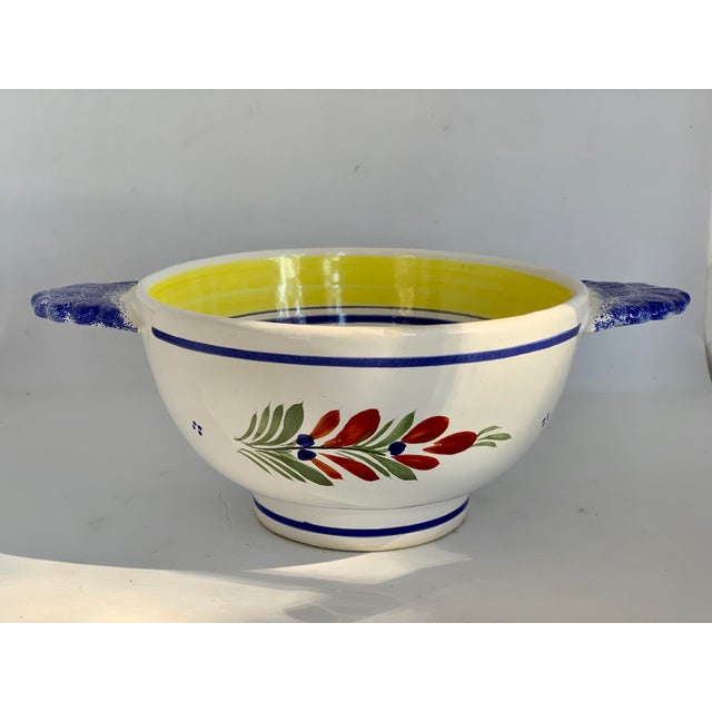 Large French Henriot Quimper Breton Faience Lug-Handle Porringer, Cereal Bowl. An earthenware faience large round serving...