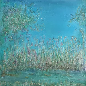 ‘Golden Glints by a Summer Stream’ by Carolyn Miller. Contemporary Expressionist Landscape Painting