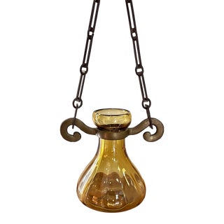 Antique Art Glass Amber Hyacinth Bulb Forcer Hanging Plant Flower Vase With Raw Brass Holder & Chain Inside Outside Wall Decoration Rare For Sale
