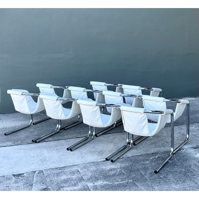 Metal Vintage Boho Vecta “Zermatt” Leather Sling Dining Chairs - Set of 10 For Sale - Image 7 of 14