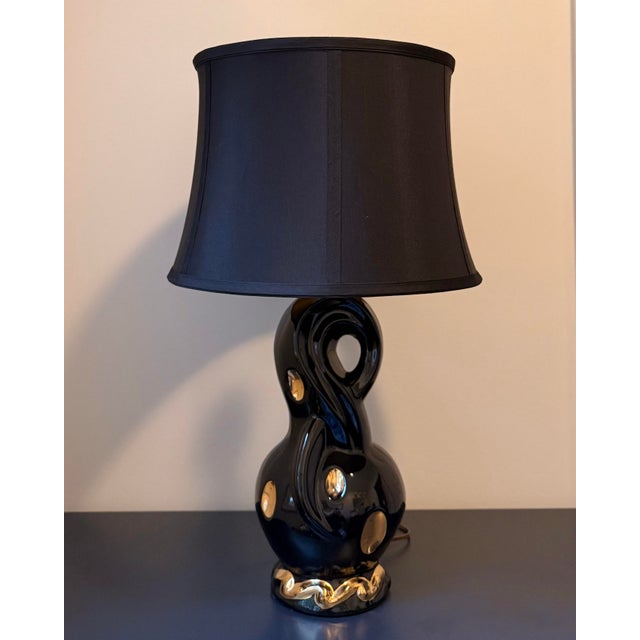 Mid-Century Modern Vintage Sculptural Black & Gold Ceramic Lamps, Companion Pair, Mid-Century Atomic Era For Sale - Image 3 of 10
