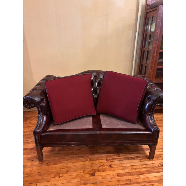 Wood Vintage Kimball Faux Leather Chesterfield Settee For Sale - Image 7 of 8