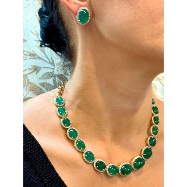 110 Ct Oval Natural Cabochon Emerald & Diamond Necklace, Earring Suite 14 K Gold For Sale - Image 14 of 18