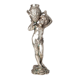 Late 19th Century Belle Époque Metal Sculpture of a Young Boy Lifting a Faced Amphora by Auguste Moreau, France