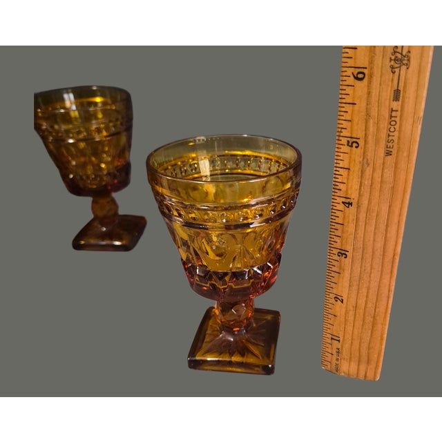 Mid 20th Century Vintage Six Ornate Indiana Amber Glass Wine Goblets Glasses For Sale - Image 5 of 6