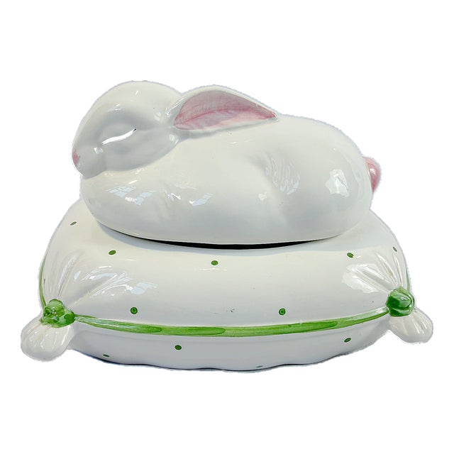Vintage Italian Bassano Ceramic Bunny on Cushion Trinket Box For Sale