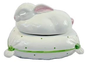 Vintage Italian Bassano Ceramic Bunny on Cushion Trinket Box