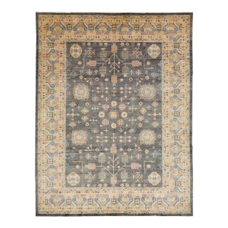 Modern Khotan Style Hand-Knotted Wool Rug Charcoal & Gold Transitional Area Rug For Sale