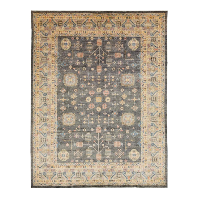 Modern Khotan Style Hand-Knotted Wool Rug Charcoal & Gold Transitional Area Rug For Sale