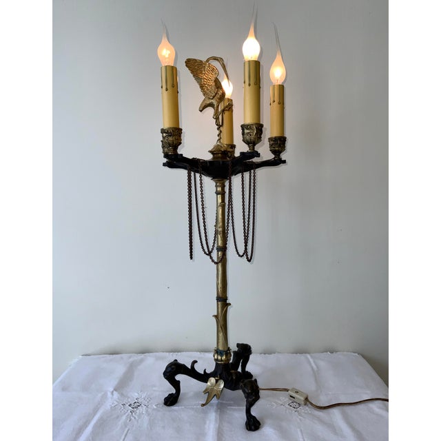 F. Barbedienne Foundry 19th Century Barbedienne Foundry Attributed France Patinated & Gilt Bronze Candelabra Lamp For Sale - Image 4 of 12