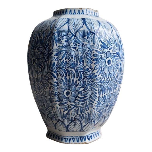 Antique Dutch Delft Vase With Blue and White Chinoiserie Floral Decoration 18th C For Sale