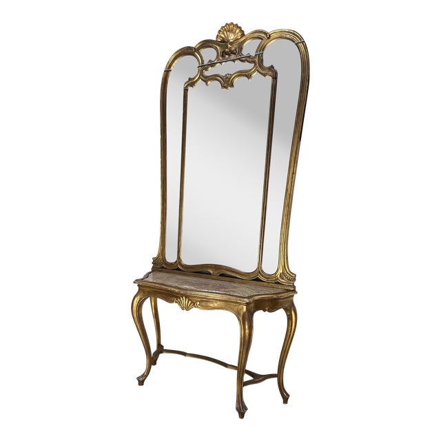 19th Century Carved Gilt Wood Marble Top Console With Mirror For Sale