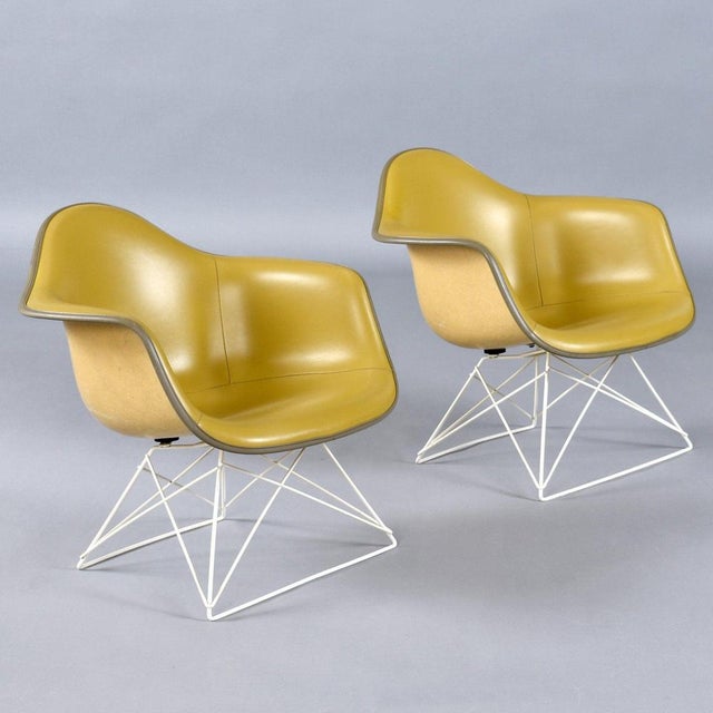 Cream LAR Shell Chairs with Yellow Naugahyde Pads by Eames for Herman Miller, Set of 2 For Sale - Image 8 of 13