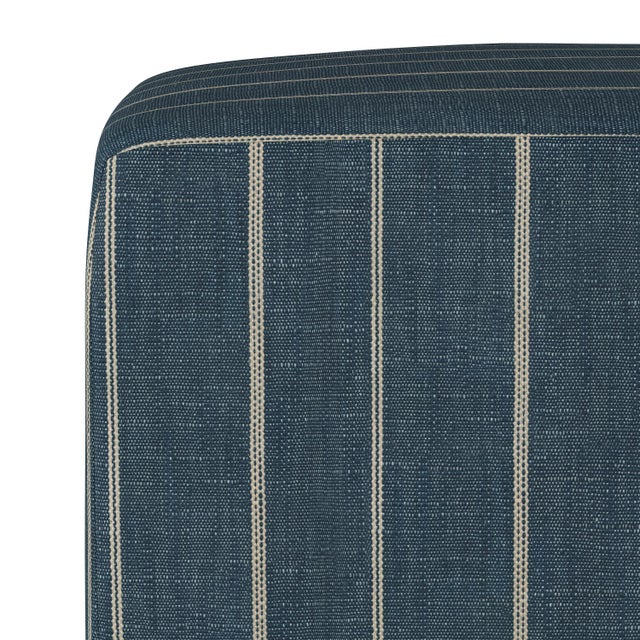 Contemporary Cube Ottoman in Indigo Fritz Stripe For Sale - Image 3 of 7