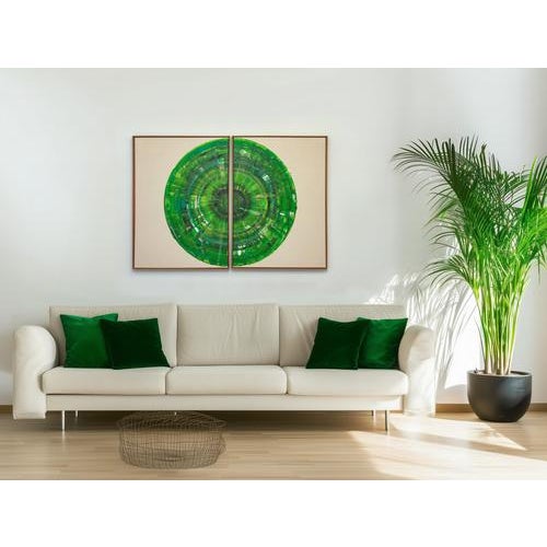 Unique painting "green circle diptych i," diptych consisting of two single pieces. external size of one painting including...