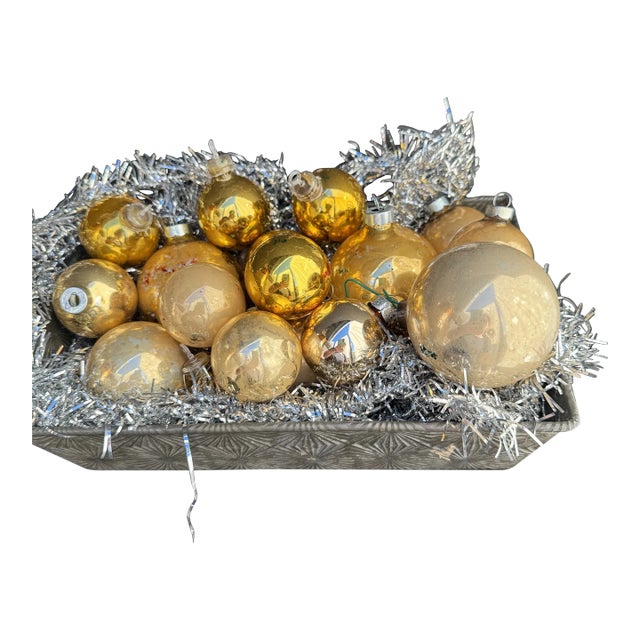 Vintage Gold Mercury Glass Christmas Ornaments- Set of 17 For Sale