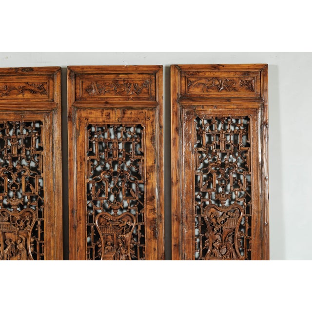 Brown Antique Chinese Carved Wood Architectural Panels with Lattice and Figures – Set of 4 For Sale - Image 8 of 12