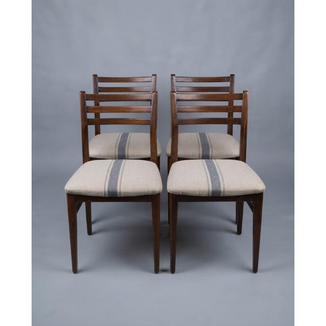 Vintage Hungarian Dining Chairs in Beige Fabric with Blue Center Stripe and Wooden Frames, Set of 4 For Sale - Image 4 of 4