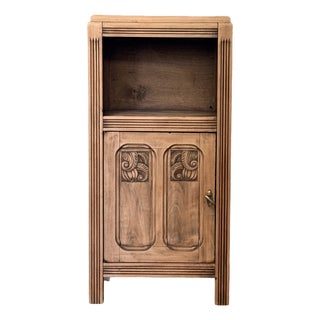 French Art Deco Carved Walnut Pedestal Cabinet, 1930s For Sale
