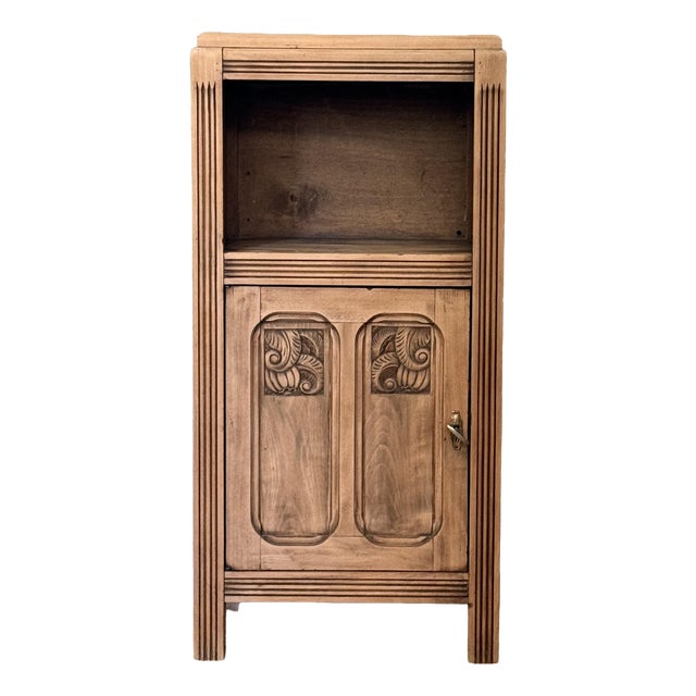 French Art Deco Carved Walnut Pedestal Cabinet, 1930s For Sale